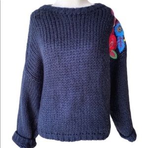 Zara Cable Navy Knit Oversize Pullover Flower Appliqué Sweater - New With Tags